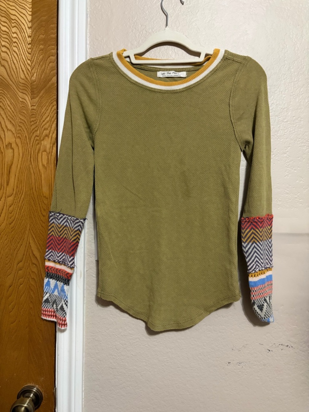 We The Free Olive Long Sleeve Top with Multicolor Patterned Cuffs